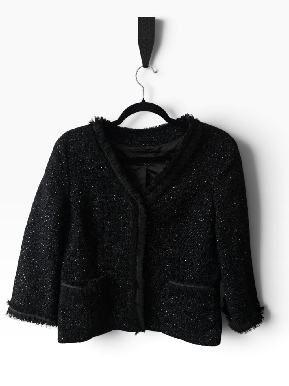Talbots Black Metallic Tweed Jacket with Fringe Trim, size 10